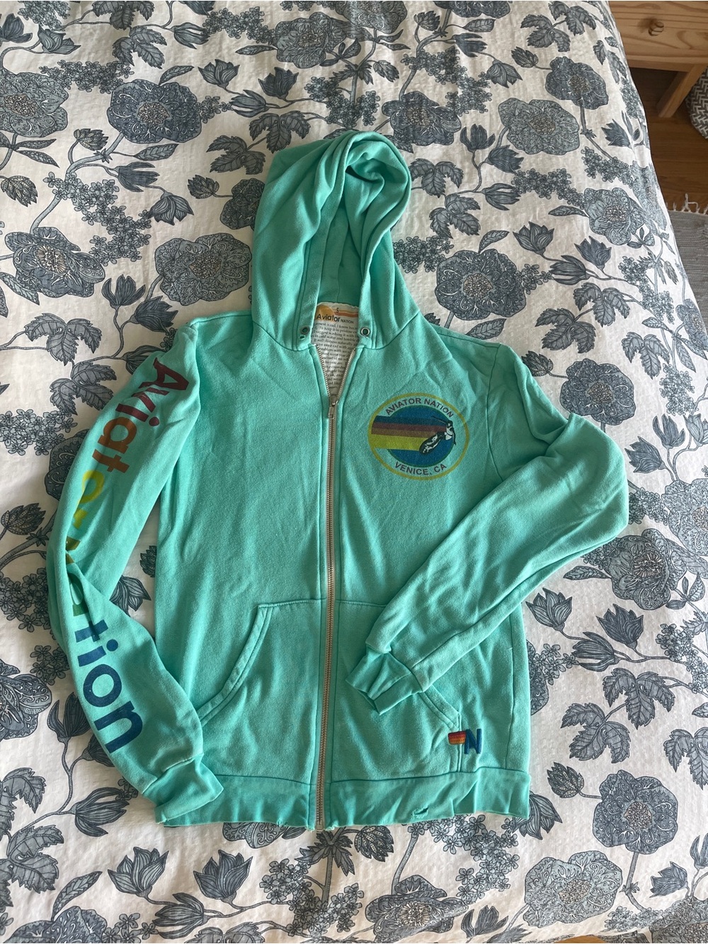 Aviator Nation Mint Green Zip Hoodie with Rainbow Chest Patch